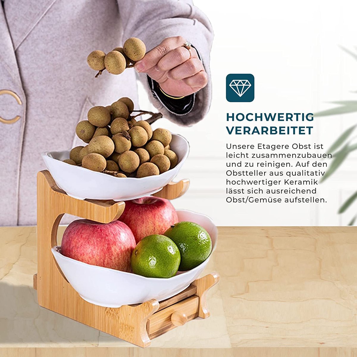 Corbeille à Fruits Avec Pied Et Trous De Drainage - Diamètre 25 Cm, Hauteur 11 Cm - Beige - Pour Comptoir De Cuisine - 4