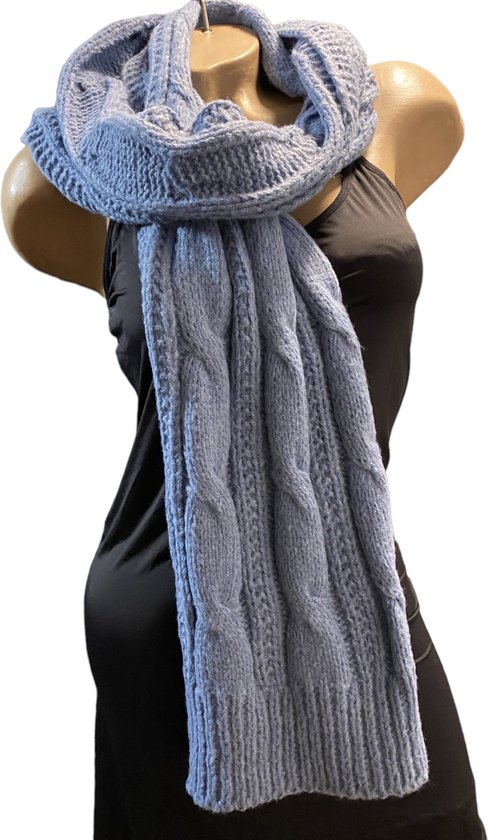 Warme gebreide sjaal met kabelpatroon herfst/winter 180cm/30cm blauw |  bol.com