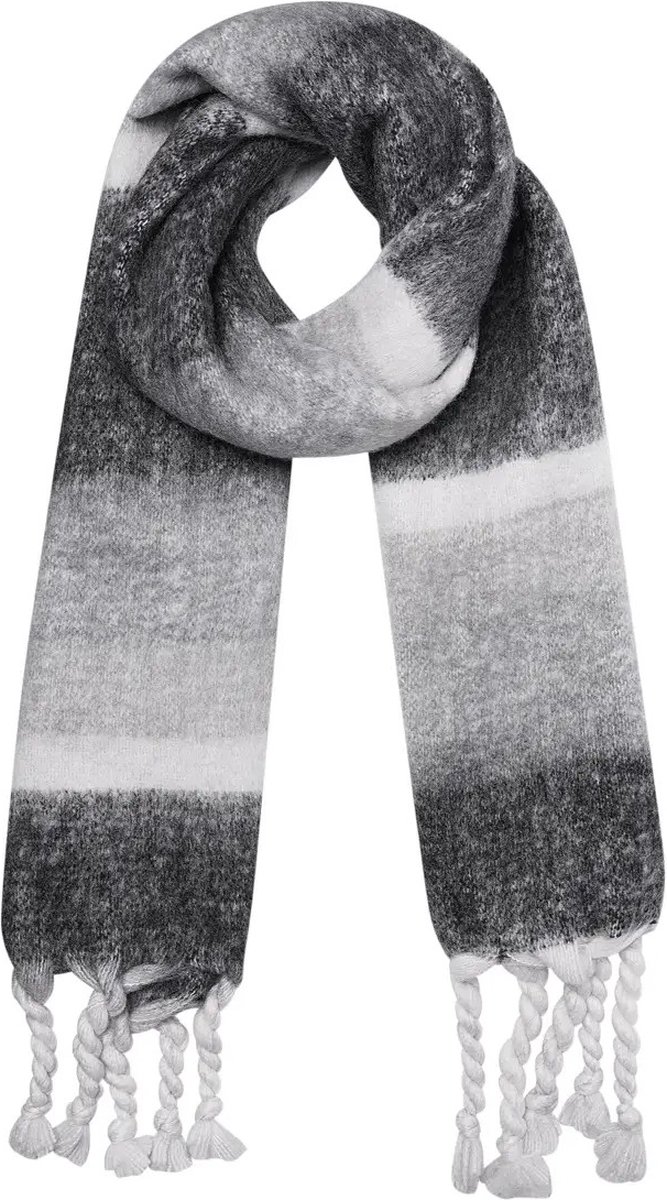 Grijs Wintersjaal met ombré effect - Zwart, Wit Grijze Wintersjaal - Warme Lange Dames Sjaals - Franjes - Grijs, Zwart & Wit
