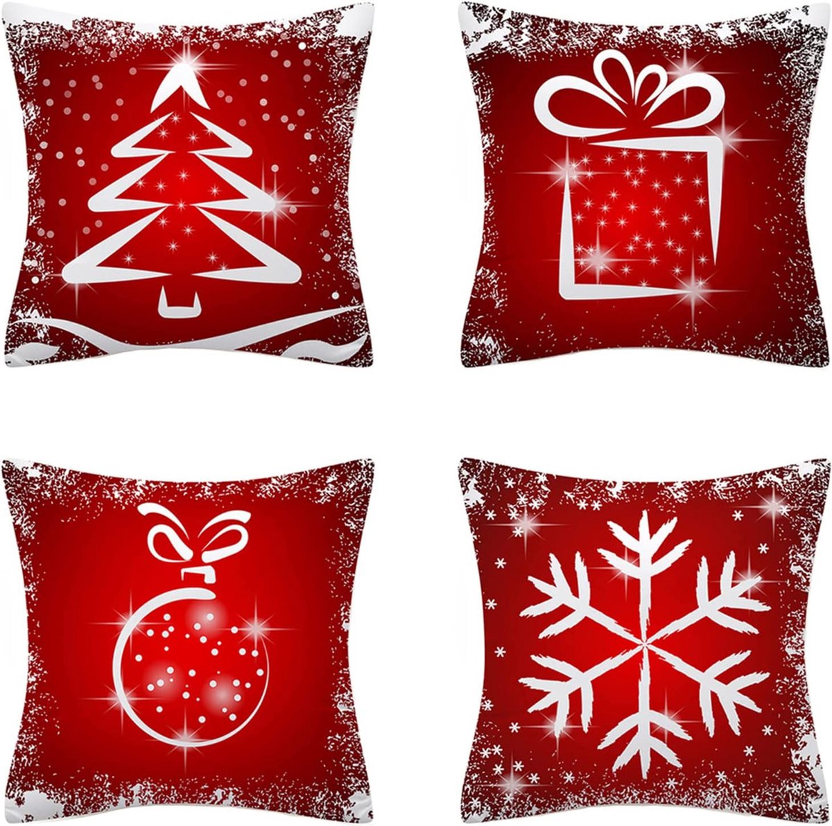 Set van 4 kussenslopen, kerstelementstijl, patroon, decoratieve kussensloop, korte pluche katoen, kussenslopen (40 x 40 cm, kerstrood)