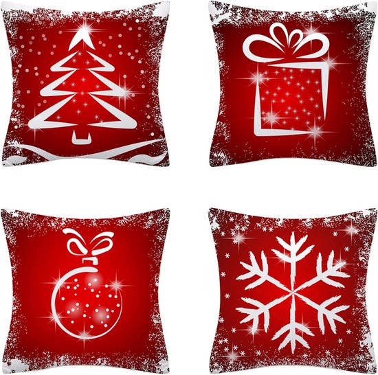 AMZQJD 4 stuks kussenslopen Kerstmis kerstelementstijlen patroon decoratieve kussenhoes katoen linnen kussenslopen (40 x 40 cm, rood Kerstmis