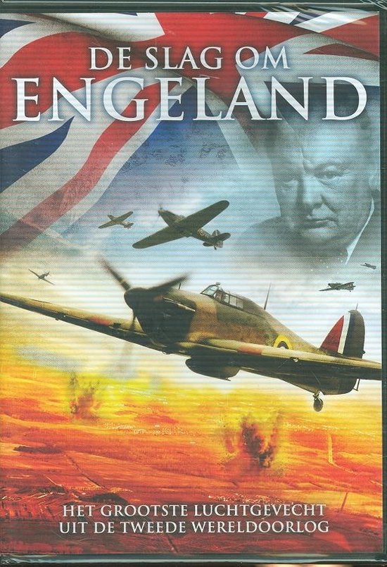 DVD-cover 'De Slag om Engeland' met een Britse vlag, Winston Churchill, gevechtsvliegtuigen en explosies.