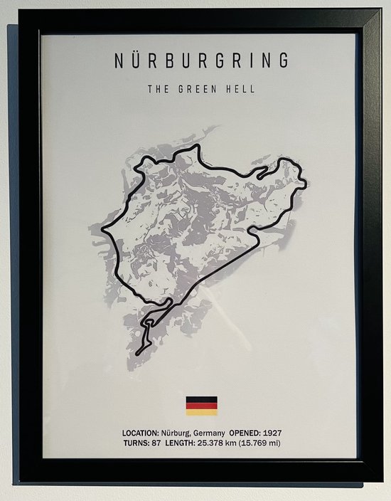 Circuit du Nürburgring Encadré sur Toile - Avec détails sur l'environnement local - Affiche - 30x40cm - Décoration murale