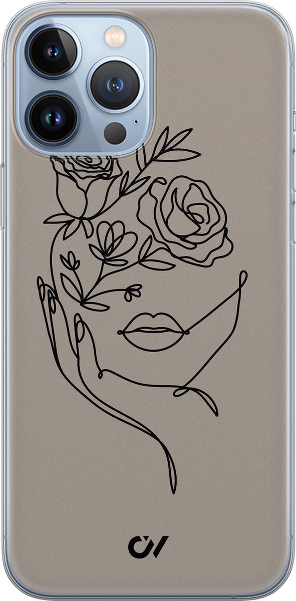 Hoesje geschikt voor Apple iPhone 13 Pro Max - Oneline Face Flower - - Grijs - Apple - Casevibes