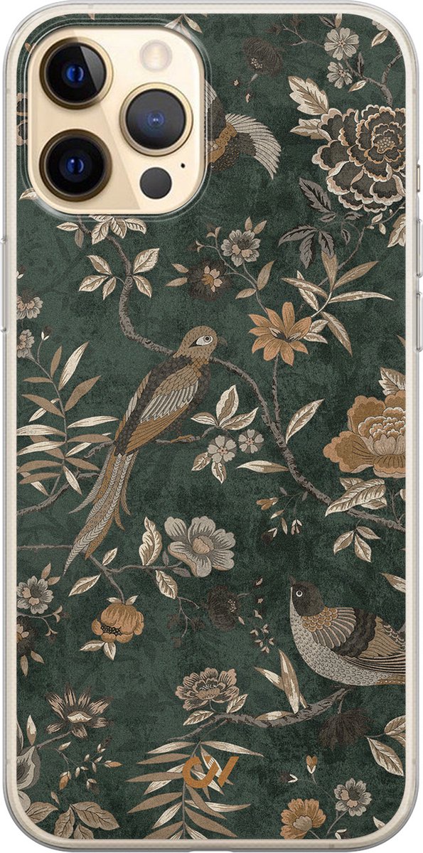Hoesje geschikt voor Apple iPhone 12 - Khaki Golden Flowers - - Groen - Apple - Casevibes
