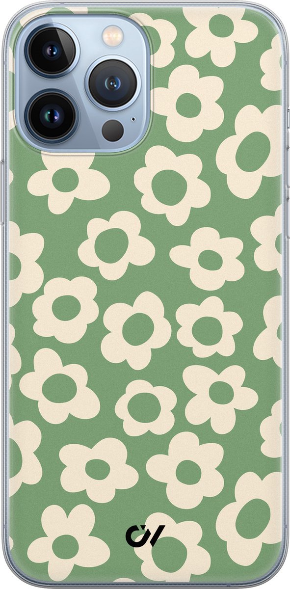 Hoesje geschikt voor Apple iPhone 13 Pro Max - Retro Cute Flowers - - Groen - Apple - Casevibes