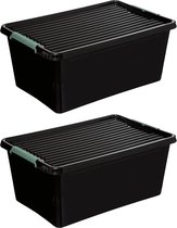 5Five Opslagbox met deksel kunststof 60 liter 58 x 39 x 35 cm zwart 2x stuks