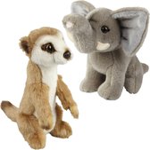 Ravensden - Knuffeldieren set olifant en stokstaartje pluche knuffels 18 cm