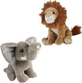 Ravensden - Knuffeldieren set leeuw en olifant pluche knuffels 18 cm