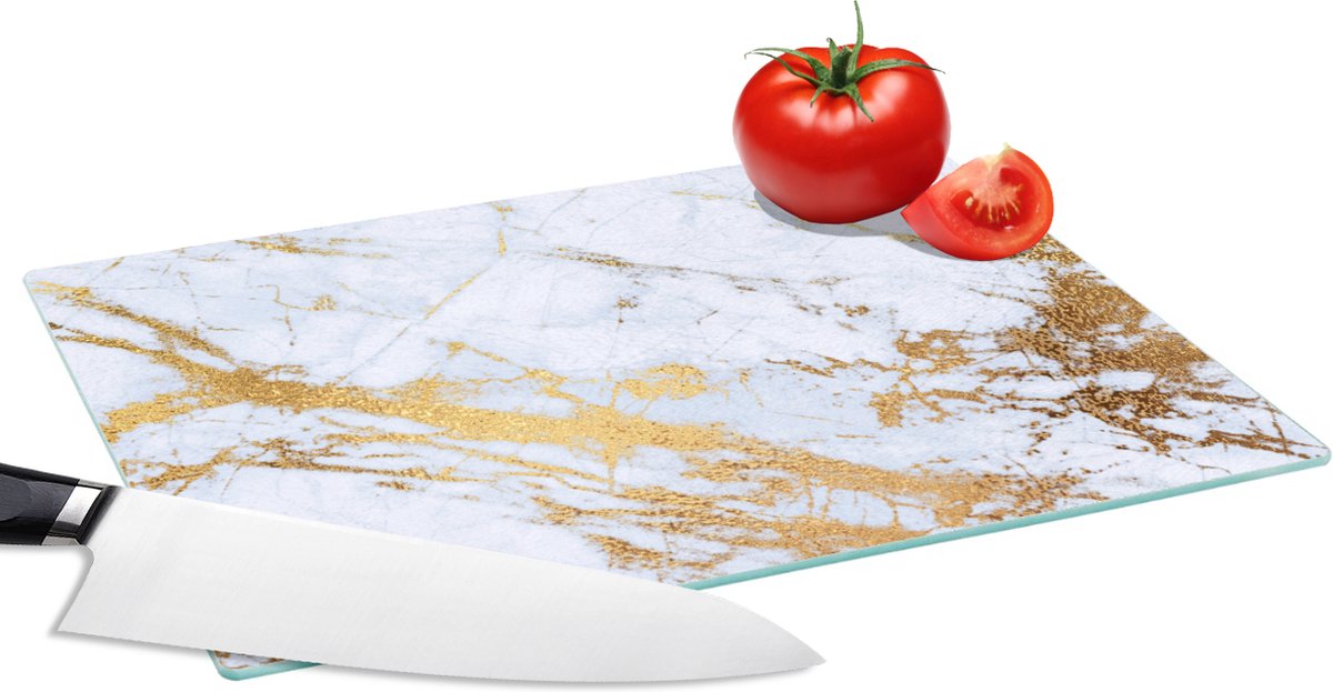 Glazen Snijplank - 28x20 - Marmer print - Goud - Wit - Luxe - Marmerlook - Glitter - Snijplanken Glas