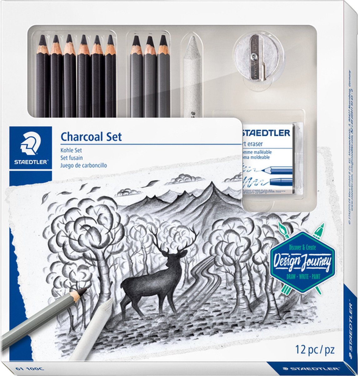 Staedtler Charcoal Set - 6 zwarte potloden, 3 charcoal potloden, blender, gum, puntenslijper