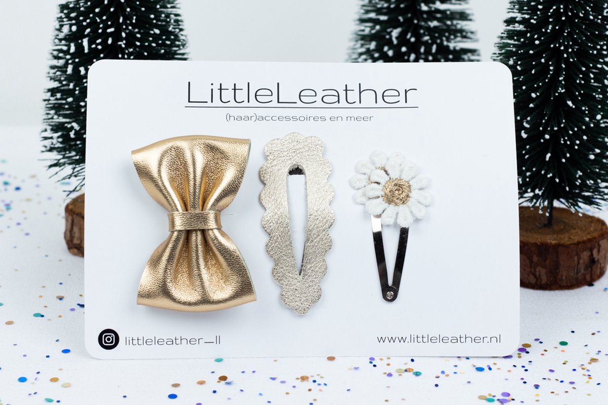 LittleLeather, Feest mix 5 - Goud - Kerst - Kerststrik - Kerstcadeau - Haaraccessoires - Haarspeldjes - Haarstrik - Haarclip - Strik - Klikklak - Leer