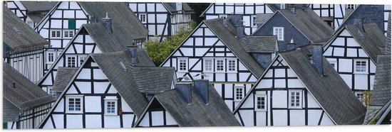 WallClassics - Vlag - Toppen van Kleine Huisjes in het Bruin-Wit - 90x30 cm Foto op Polyester Vlag
