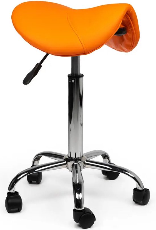 Zadelkruk Kalista Standaard Oranje - Zithoogte 50/68cm - kruk op wielen - krukje - werkkruk - zadelkruk - bureaukruk - kapperskruk - verstelbaar - draaikruk - tabouret - zadelkruk met rugleuning - tot 160kg