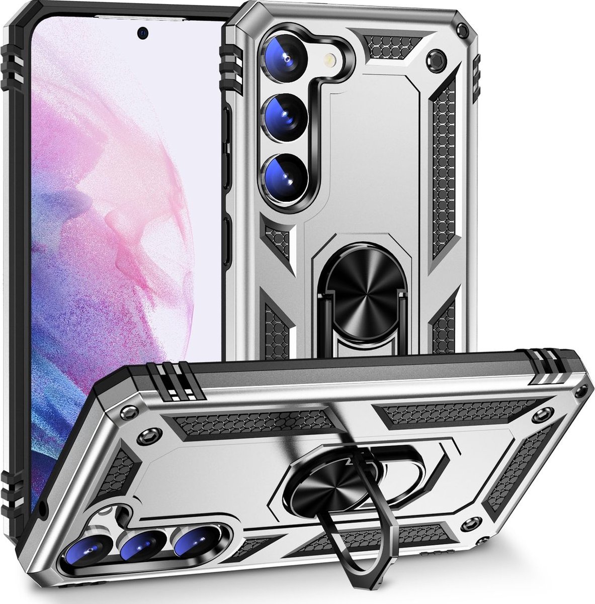 Mobigear Hoesje geschikt voor Samsung Galaxy S23 Plus Telefoonhoesje Hardcase | Mobigear Armor Ring Backcover Shockproof met Ringhouder | Schokbestendig Galaxy S23 Plus Telefoonhoesje | Anti Shock Proof - Zilver