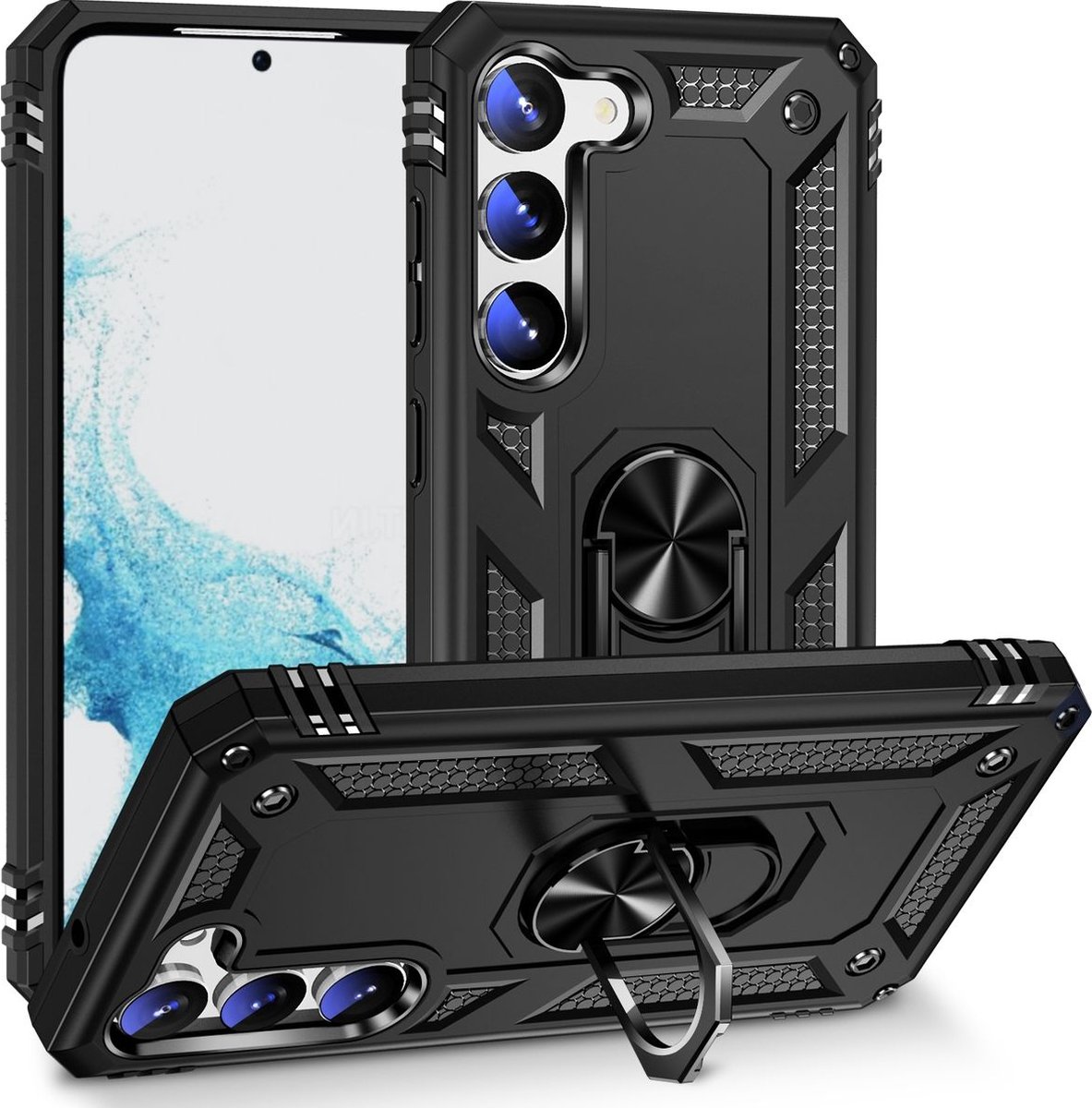 Mobigear Hoesje geschikt voor Samsung Galaxy S23 Telefoonhoesje Hardcase | Mobigear Armor Ring Backcover Shockproof met Ringhouder | Schokbestendig Galaxy S23 Telefoonhoesje | Anti Shock Proof - Zwart