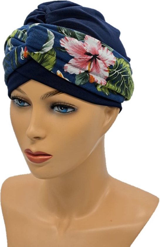 Johnson Headwear - Chemo Muts Dames - Blauw/ bloemen - Chemo Muts - Chemo Cap - Muts - Cap - Hoofddeksel