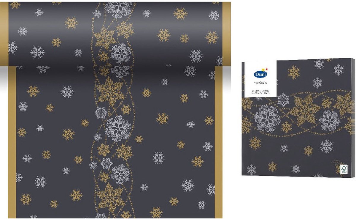 Kerst thema tafellopers/placemats zwart met glitter sneeuwvlokken 40 x 480 cm met 20x stuks bijpassende servetten