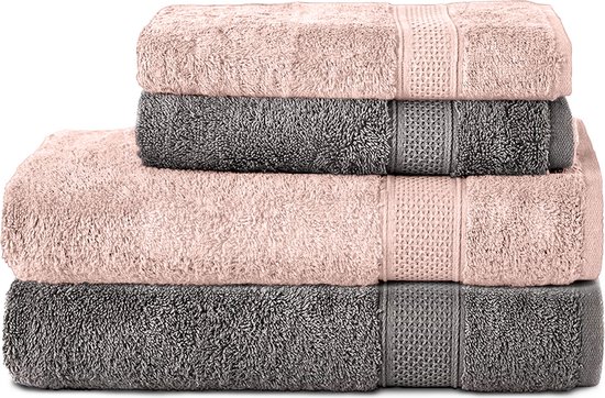 Komfortec Handdoekenset 2x handdoek 50x100 cm + 2x badhanddoek 70x140 cm - 100% Katoen - Antraciet&Roze