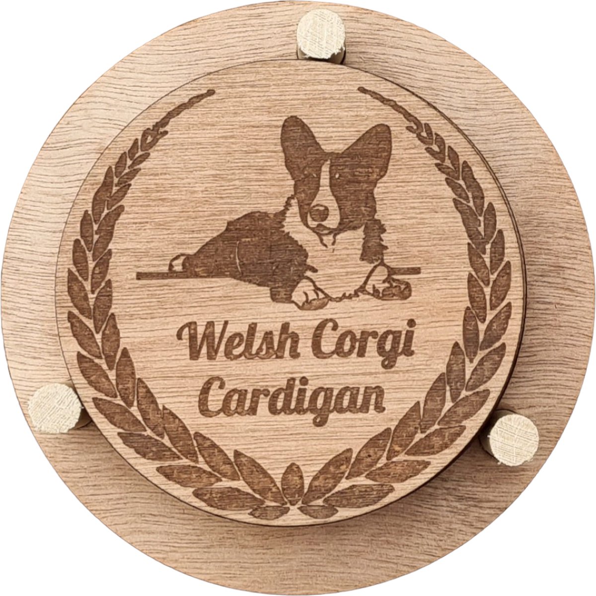 K9 World by van der Veeke, onderzetters met Welsh Corgi Cardigan, gegraveerd op hout