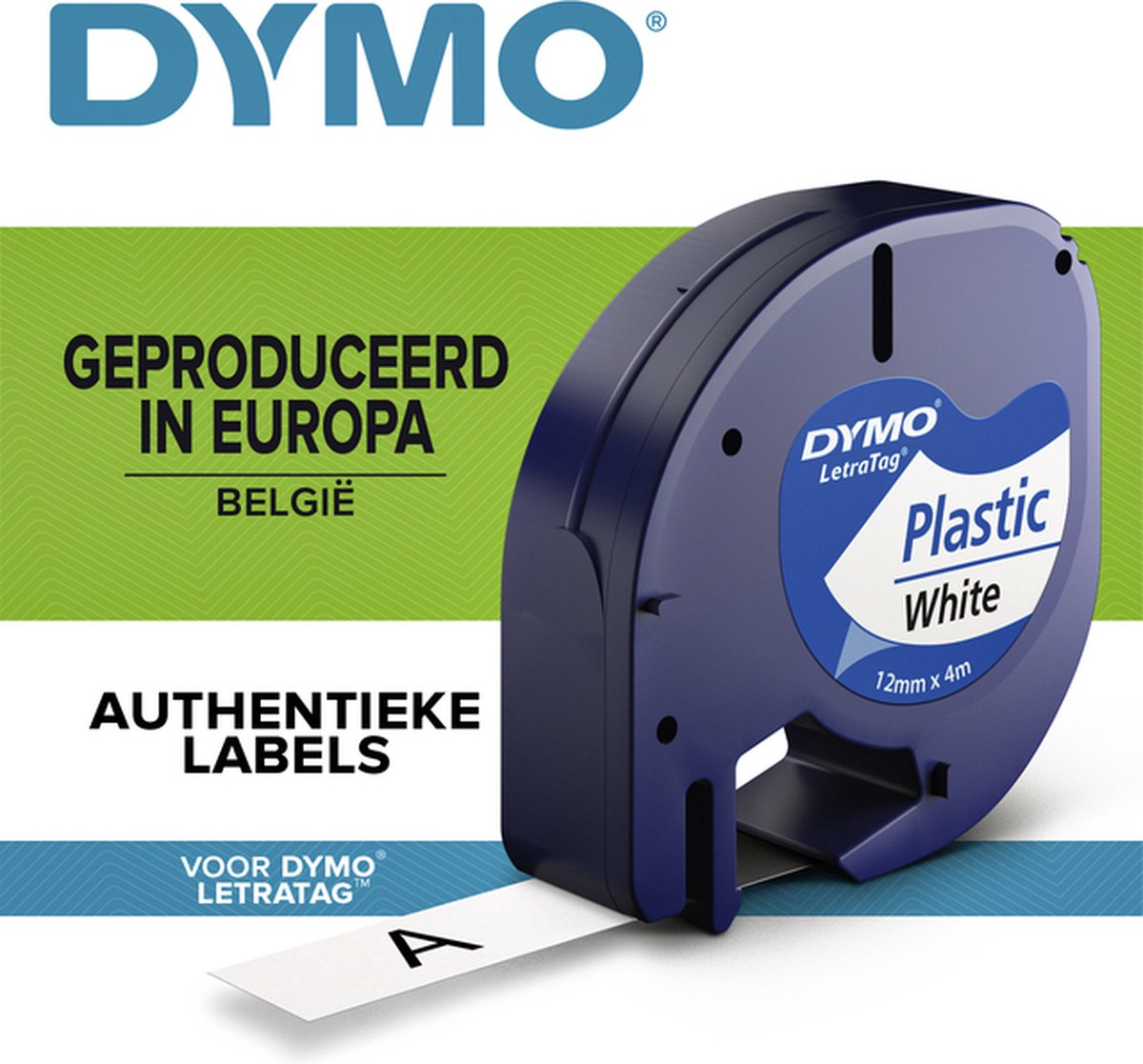 Labeltape Dymo Letratag 91201 plastic 12mm zwart op wit - 1 doos van 10 stuks