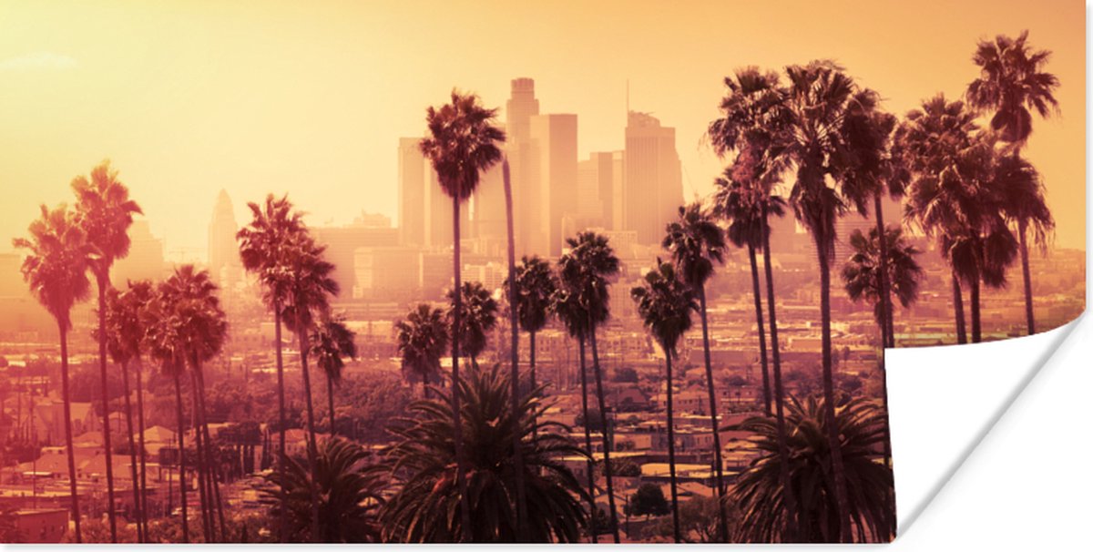 Poster Palmboom - Skyline - Zonsondergang - Architectuur - 150x75 cm