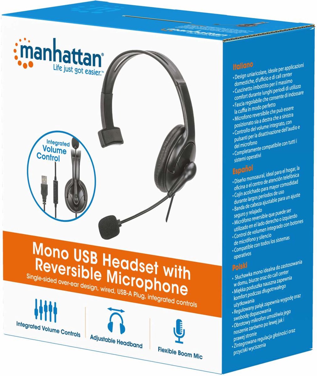 Manhattan 180849 hoofdtelefoon/headset Bedraad Hoofdband Kantoor/callcenter USB Type-A Zwart