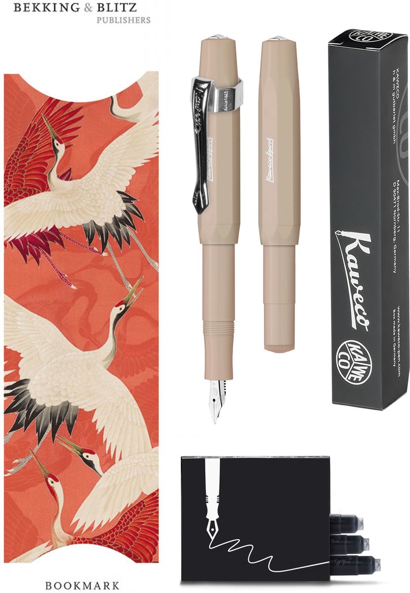 Kaweco - Vulpenset - 4delig - Vulpen Sport Skyline Macchiato Fountain Pen - Extra Fine - Nostalgic Octagonal Clip Chrome - Doosje zwarte vullingen - Bekking & Blitz Boekenlegger - nr27