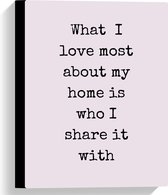 WallClassics - Canvas  - Tekst: ''What I Love Most About My Home Is Who I Share It With'' Roze - 30x40 cm Foto op Canvas Schilderij (Wanddecoratie op Canvas)