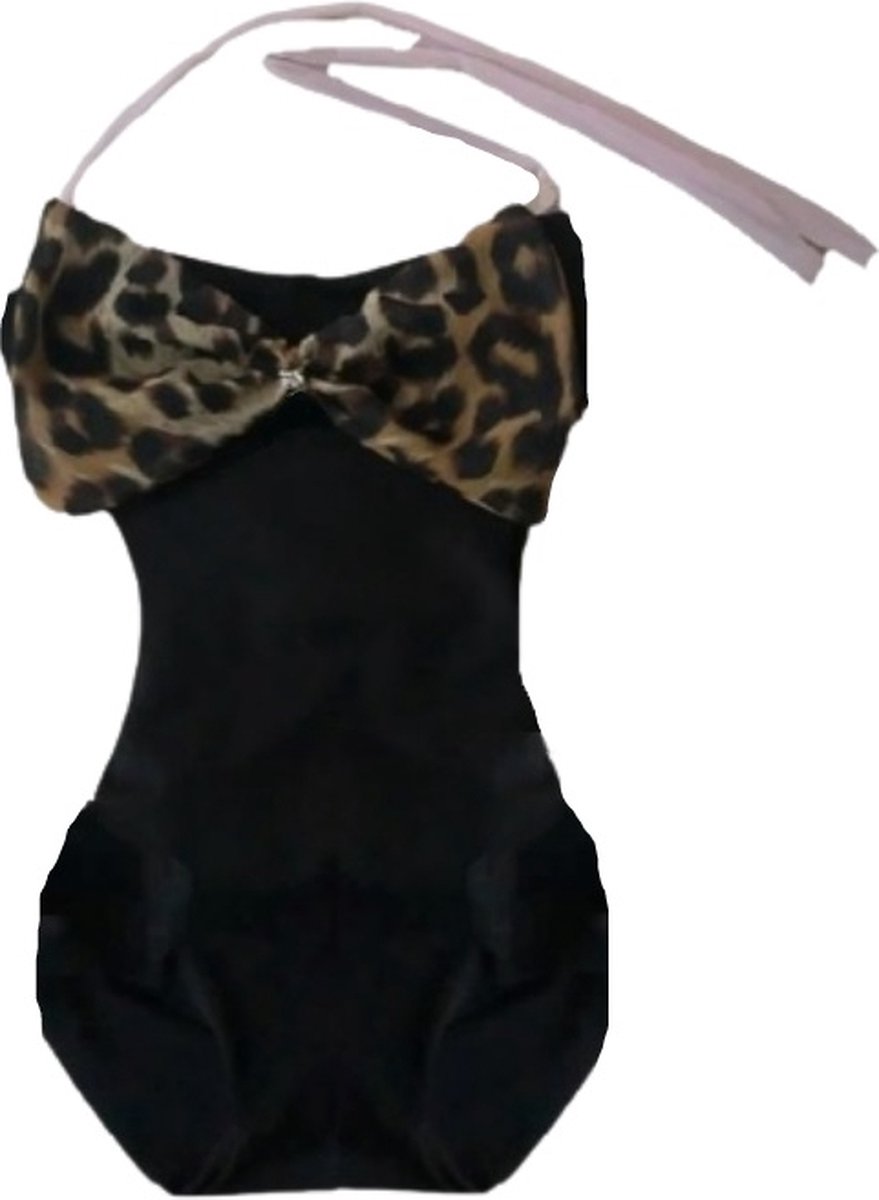 Maat 134 Badpak Zwart zwempak zwart panterprint strik badkleding baby en kind zwem kleding leopard tijgerprint