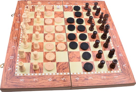 Thumbnail van een extra afbeelding van het spel 3-in-1 Bordspel - 48 cm - Schaakbord - Dambord - Backgammon - Schaakspel - Schaakset - Schaken - Dammen - Met Schaakstukken - Chess - Hout - Opklapbaar
