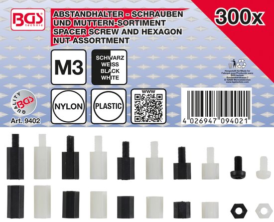 BGS Afstandhouderschroeven en assortiment zeskantmoeren Nylon 300 delig