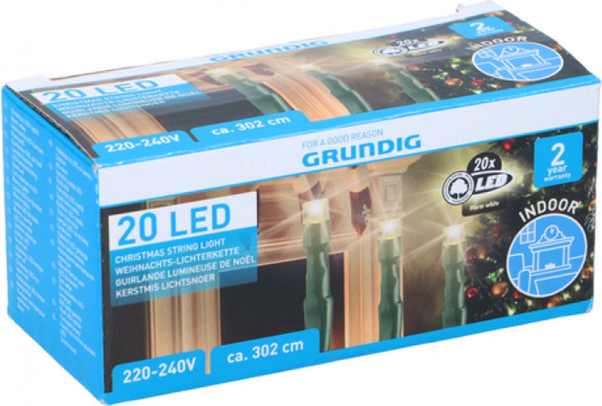 Grundig Kerstverlichting - 20 Led Lampjes - 302 cm- 3.2 meter - Warm Wit - 220v