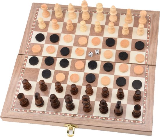 Thumbnail van een extra afbeelding van het spel 3-in-1 Bordspel - 39 cm - Schaakbord - Dambord - Backgammon - Schaakspel - Schaakset - Schaken - Dammen - Met Schaakstukken - Chess - Hout - Opklapbaar