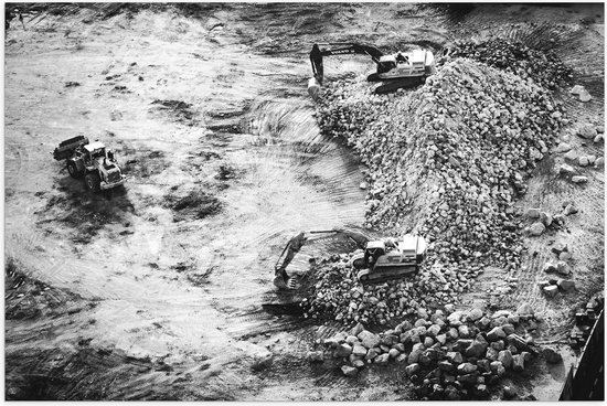 WallClassics - Poster brillant – Excavatrices sur chantier en Zwart et blanc - Photo 90x60 cm sur papier poster brillant