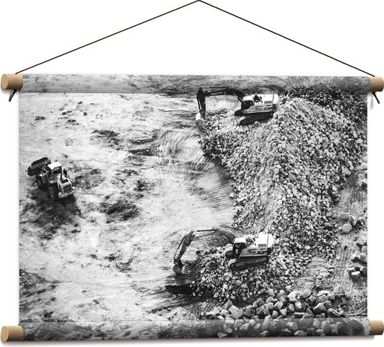 WallClassics - Affiche textile - Excavatrices sur un chantier en Zwart et blanc - 60x40 cm Photo sur textile
