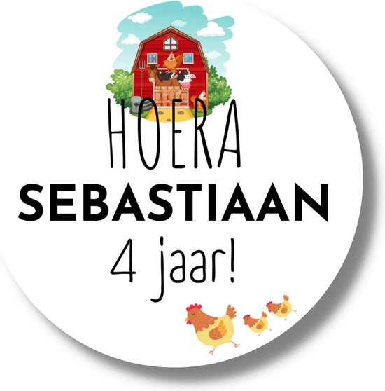Witte ronde sticker met boerderij, hoed, Sebastiaan, 4 jaar, kippen.