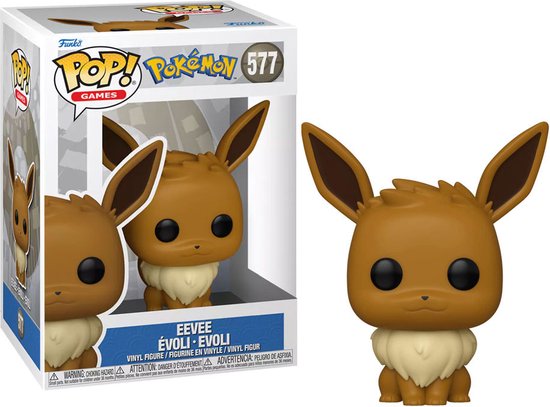 Figurine Funko Pop Eevee marron dans sa boîte Pokémon, numéro 577. Avec de grandes oreilles et un col clair.