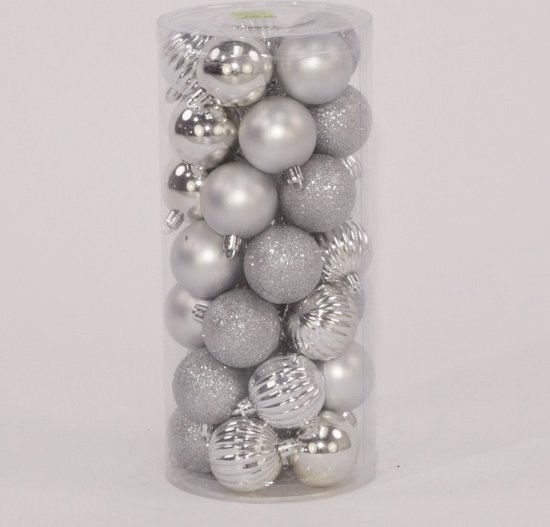 35 Onbreekbare kerstballen in koker diameter 5 cm zilver watermeloe