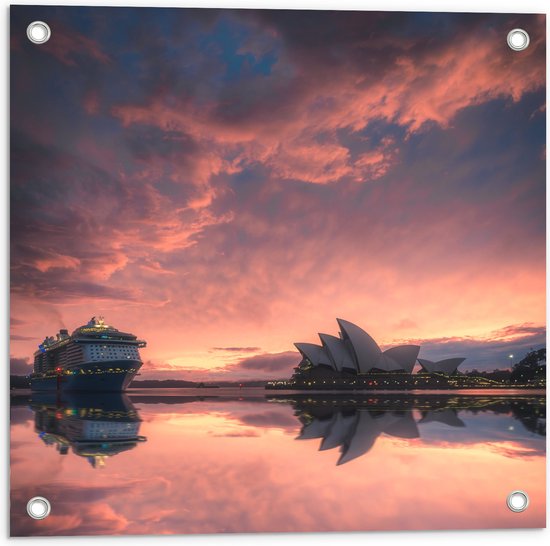 WallClassics - Tuinposter – Sydney Opera House met Zonsondergang - 50x50 cm Foto op Tuinposter  (wanddecoratie voor buiten en binnen)