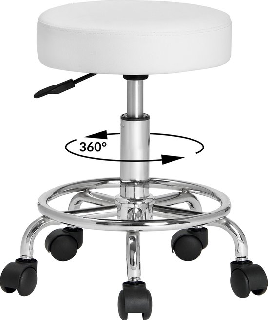 Wit krukje met chrome stang, voetring en zwarte wieltjes. 360° draaibaar.