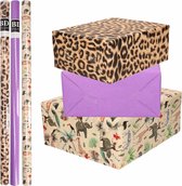 6x Rollen kraft inpakpapier jungle/panter pakket - dieren/luipaard/paars 200 x 70 cm - cadeau/verzendpapier