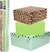 12x Rollen kraft inpakpapier/folie pakket - panterprint/groen/mintgroen zilveren stippen 200 x 70 cm - dierenprint papier