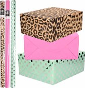 9x Rollen kraft inpakpapier/folie pakket - panterprint/roze/mint groen met zilveren stippen 200 x 70 cm - dierenprint papier