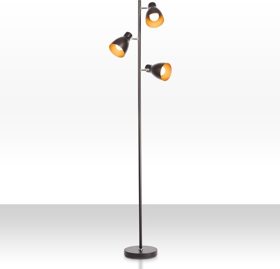 B.K.Licht - Industriële Vloerlamp - zwart gouden - voor binnen - voor woonkamer - zwarte staande lamp - staanlamp - leeslamp - draaibar - met 3 lichtpunten - E27 fitting - excl. lichtbronnen