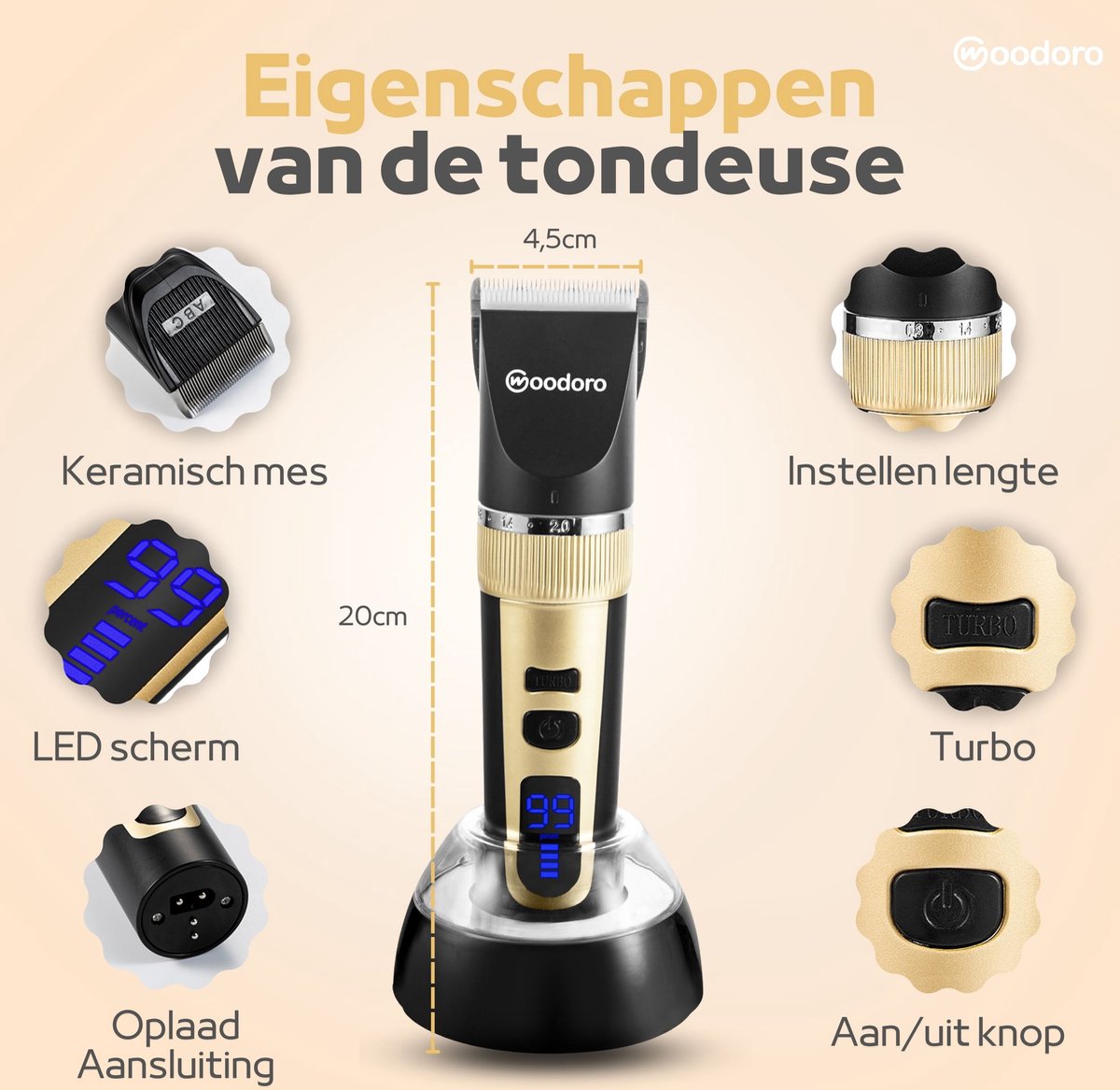 Woodoro Professionele 2-in-1 Hondentondeuse voor Dikke Vacht – Draadloze Honden Tondeuse & Hondentrimmer – Stille Tondeuse Katten & Honden Trimset - Incl. Videohandleiding thumbnail 2