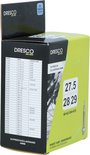 Groene Dresco fietsband doos met maattabel en tekst '27.5 28 29'. SV Presta 40mm.