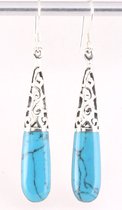 Lange opengewerkte zilveren oorbellen met blauwe turkoois