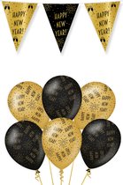 Happy New Year Decoratie Versiering - Feest Versiering - Vlaggenlijn - Ballonnen - Man & Vrouw - Zwart en Goud