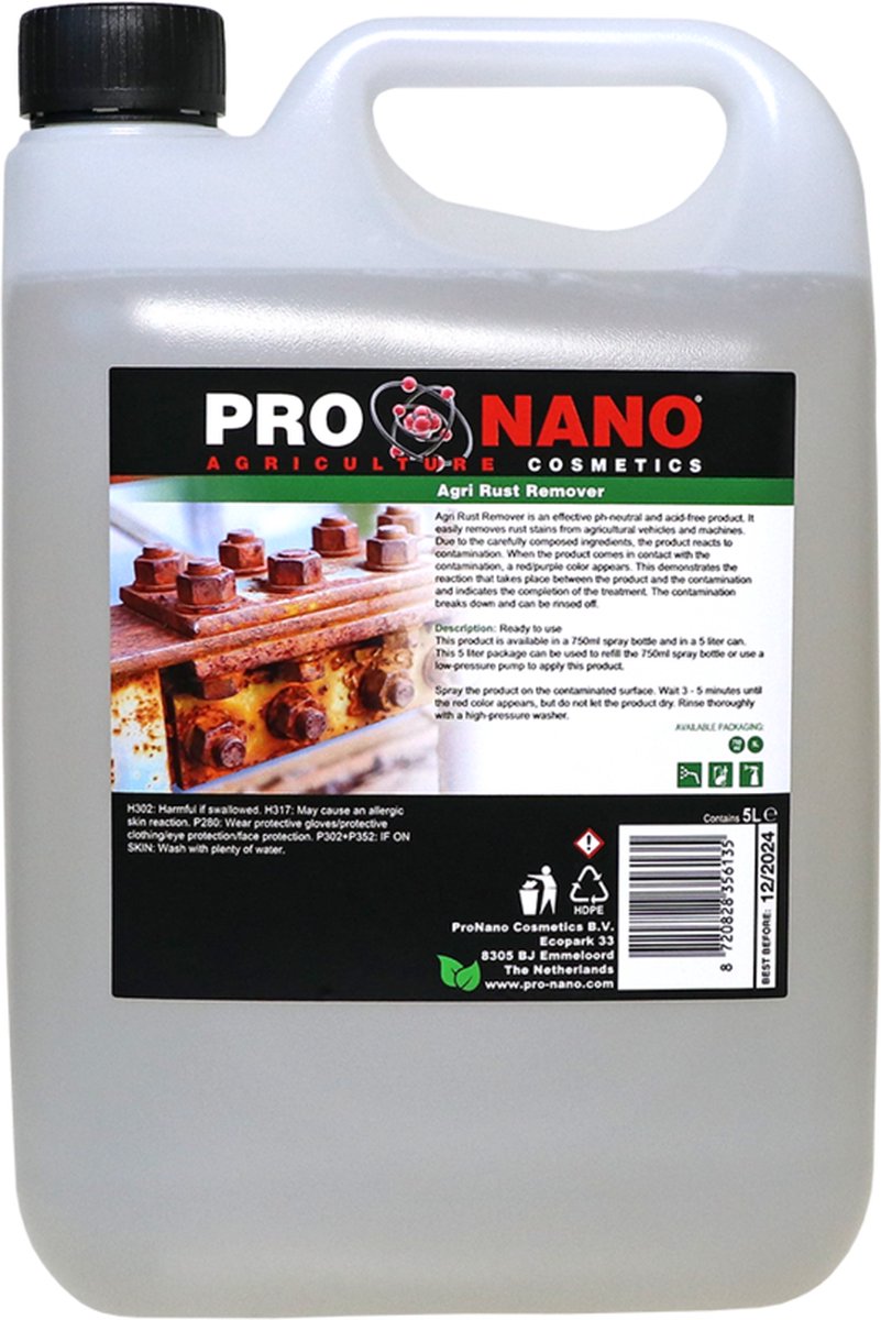 ProNano | ProNano Agri Rust Remover 5L | Roest verwijderaar | Een effectief ph-neutraal en zuurvrij product. Het verwijdert gemakkelijk roestvlekken van landbouwvoertuigen en machines.